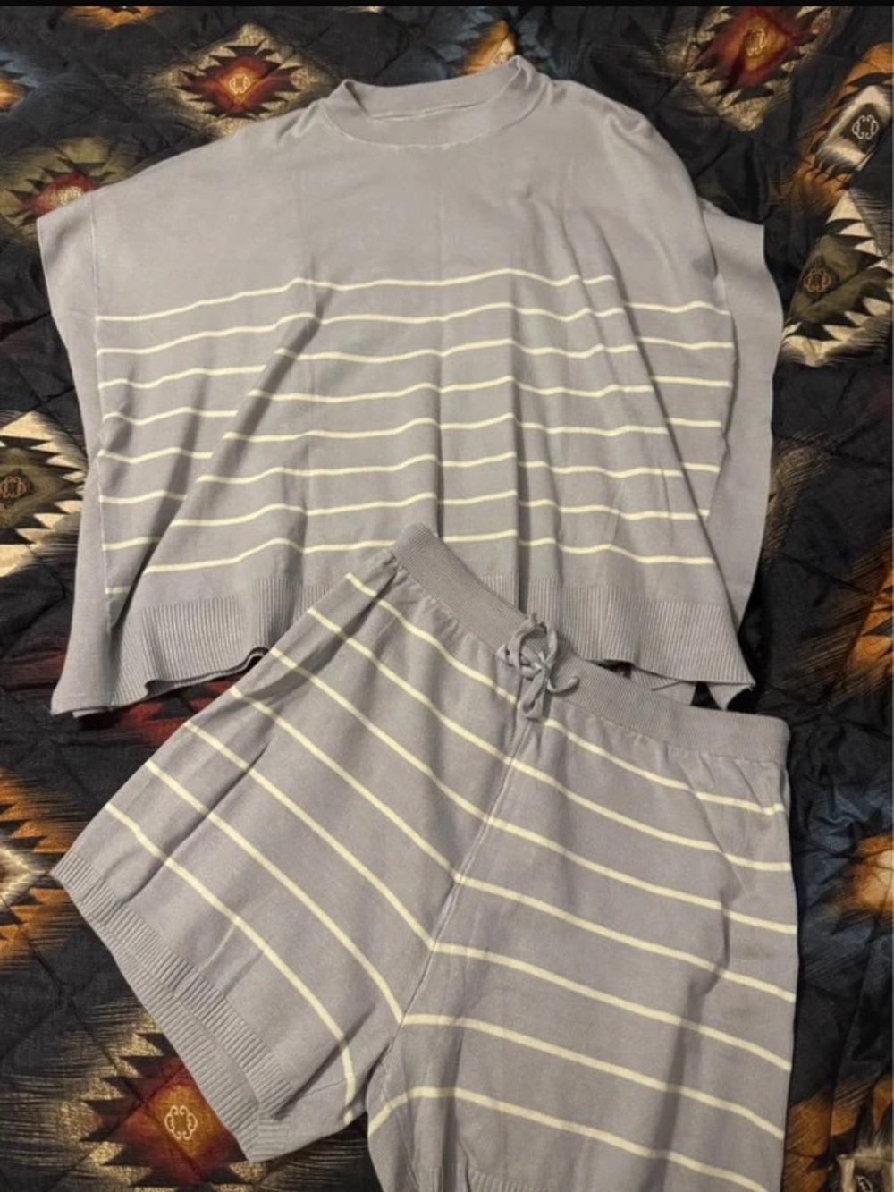 Light Gray Striped Knit Tunic Top & Shorts Set - Cozy Casual
